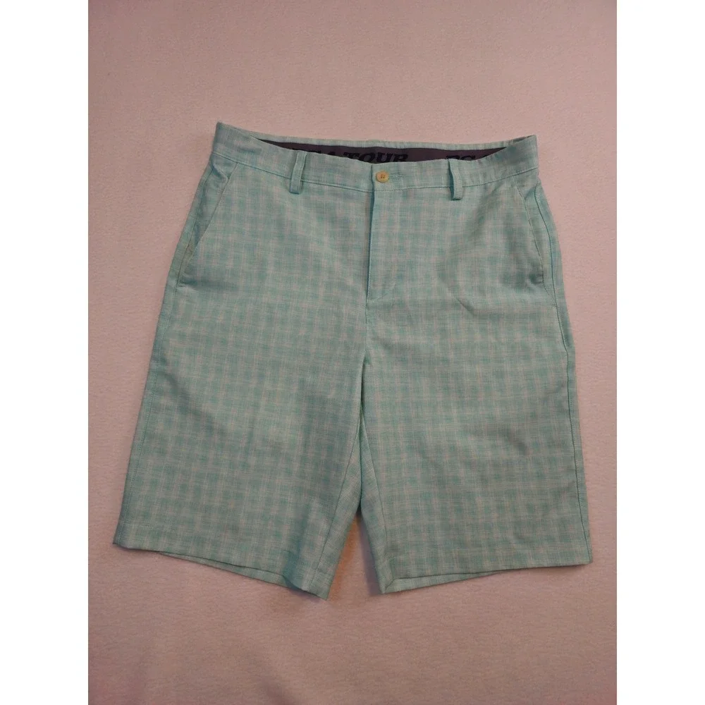 PGA Tour Mens Mint Green Plaid Golf Shorts Size 32‎ Performance Flat Front 9in